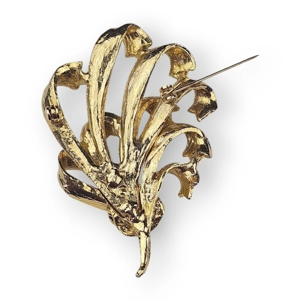 Vintage Floral Ribbon Bouquet Brooch Brushed Gold Plate Leaf Cluster 40s 2.75